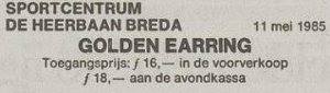 Golden Earring show ad May 11 1985 Breda - Sporthal de Heerbaan